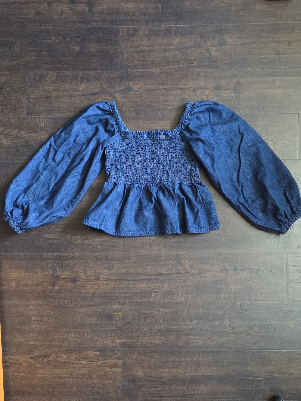 J. Crew Smocked Peplum Long-Sleeve Top in Dark Blue